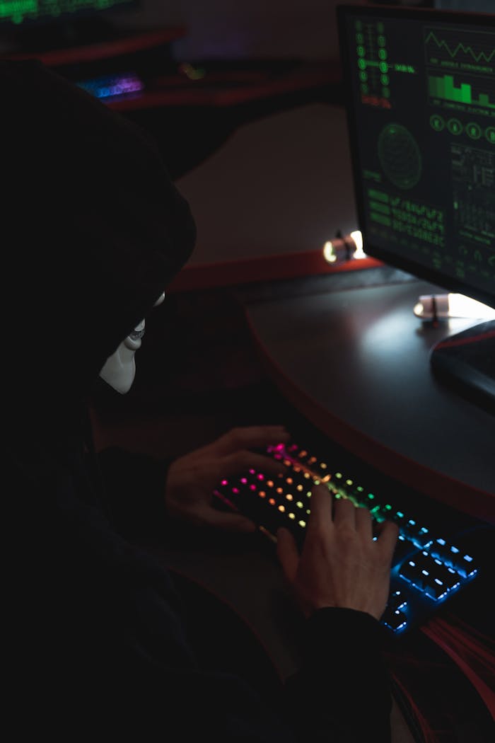 services-06 An anonymous hacker in a black hoodie typing on a colorful RGB keyboard, highlighting cybersecurity themes.